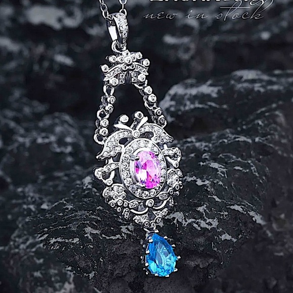 Sterling Silver Pink Blue Cubic Zircon Exquisite Trendy Pendant Necklace - Picture 2 of 5